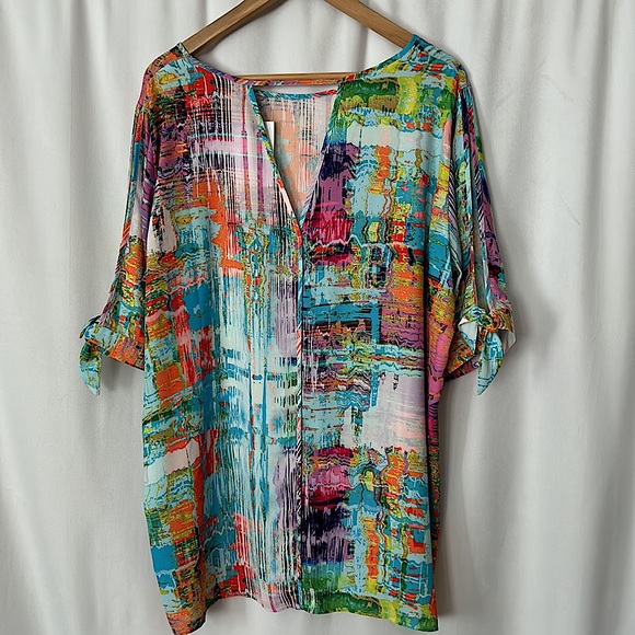 Renuar NWT Beautiful Multicolored Short Tie Sleeves Shirt Top **Size XXL**🌸🌸 - Picture 2 of 5